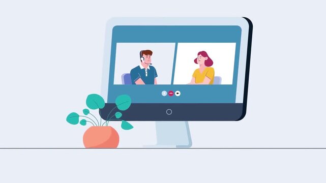 Video conferencing animation showing colleagues communicating online through a desktop computer screen in modern office setup