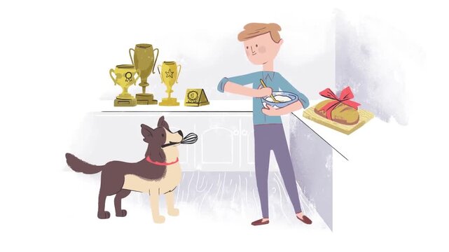 Animated illustration of man baking with his cute dog in a bright kitchen video clip