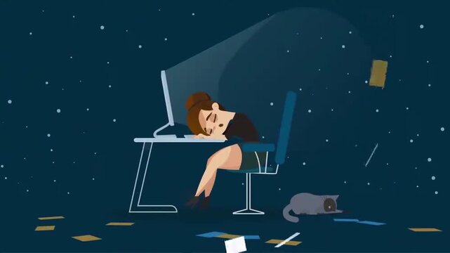 Exhausted woman sleeping on office desk after working late night with computer in animated video clip