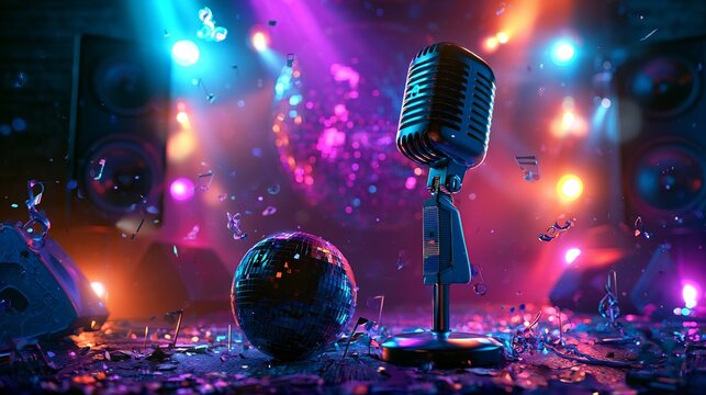 Vintage microphone stands prominently before a vibrant disco ball, capturing a stage setting concept for musical entertainment