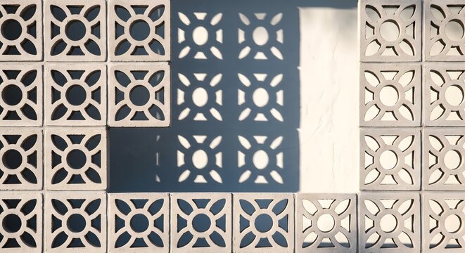 Close-up photograph of a wall of pale concrete breeze blocks in a tropical building, the repeating geometric perforations casting a precise grid of light and shadow.