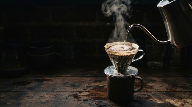 Pour over coffee brewing with hot water in a dark rustic kitchen