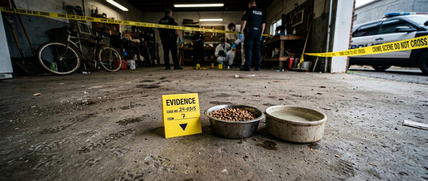 Crime Scene Investigation Evidence Marker and Dog Bowls at Abandoned Garage