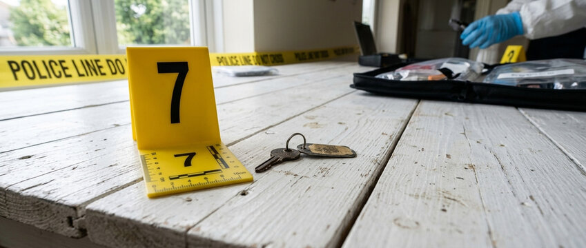 Crime scene investigation evidence marker keys and evidence bag with gloves on a wooden table