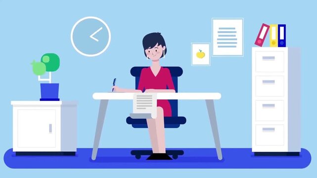 Woman working at office desk writing documents in animated flat design vector video footage animation