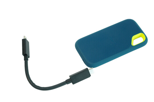 External SSD, Blue external usb storage device is isolated on a white background.