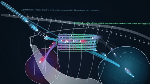 3D animation illustrating avian respiratory aerodynamics showing unidirectional airflow through rigid parabronchial tubules and counter-perpendicular blood perfusion for continuous oxygen extraction