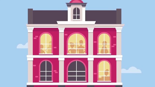 Apartment building animation showing residents inside glowing windows during evening time vector motion clip