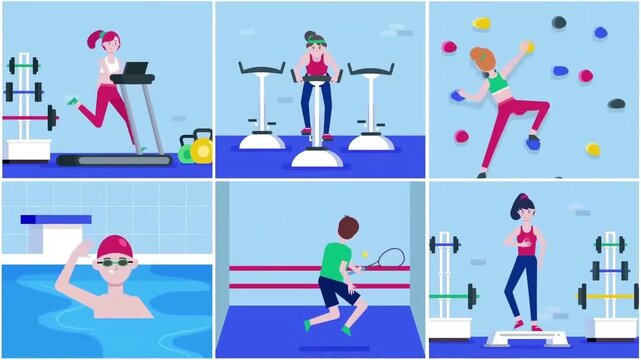 Flat vector animation footage showing different people exercising, running on treadmill, swimming, cycling, and rock climbing