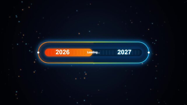 Digital progress bar visually representing the transition from the year 2026 to 2027 with loading animation and starry background effect