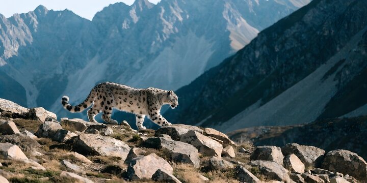 Snow Leopard Walking On Rocky Mountain Terrain