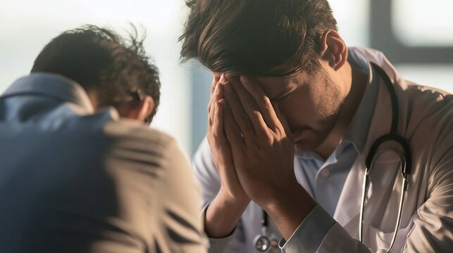 Exhausted and stressed doctor holding his head in hands during a difficult workday session