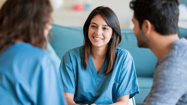 Friendly female nurse in blue scrubs talking with a couple during consultation session