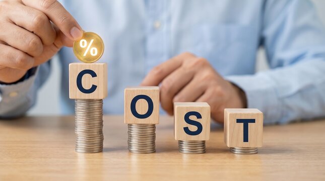 Businessman placing percentage coin on wooden blocks spelling cost