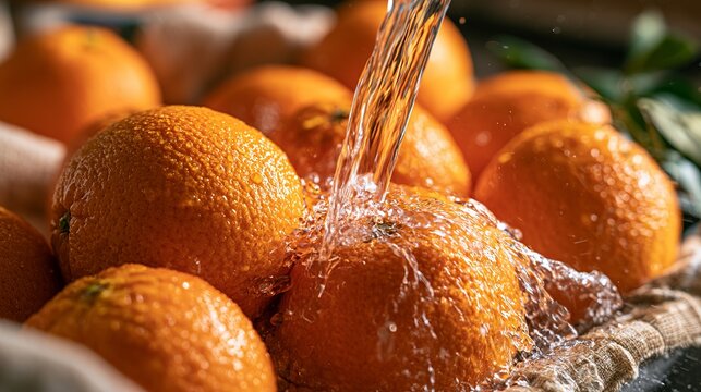 Water cascades onto vibrant oranges, creating brilliant splashes and highlights, representing freshness and a citrusy delight