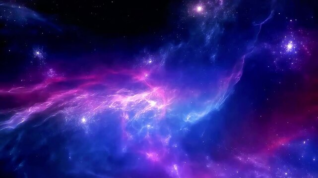 A beautiful deep space nebula displaying vibrant purple and blue cosmic gas clouds, Glowing star clusters and interstellar dust forming a serene cosmic galaxy landscape, Stunning visual representation