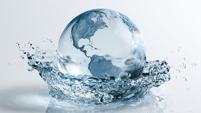 Water globe representing Earth, suspended in a splash, symbolizing global care, environmental protection, and planetary sustainability concept