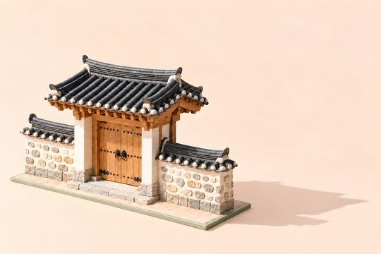살구색 배경의 한옥 대문과 돌담Generating AI