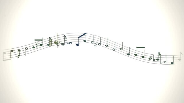 Set of eight abstract wavy musical staff lines with colorful musical notes on white background