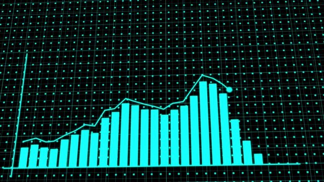 Digital blue bar chart with growing business concept. Hi-tech style technology chart with a grid. Camera movement with depth of field. 4K resolution animation.
