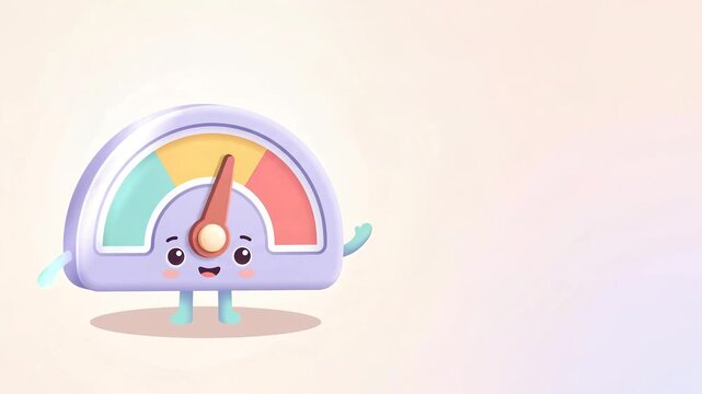 Cute deal-meter gauge mascot reaching maximum discount level with wide copy space on minimal pastel background, perfect for Black Friday retail advertising and sales campaigns