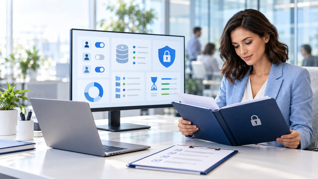 AI generated privacy officer reviewing customer data protection procedures consent controls retention status secure documents an office for information management compliance