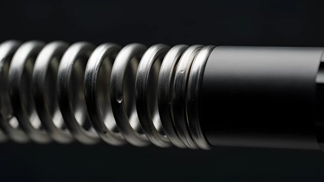 Close-up Macro shot of a metal spring compressing into a black tube against a dark background. Seamless loop animation.