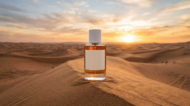 Glass perfume bottle with orange liquid in the middle of a desert sand dune