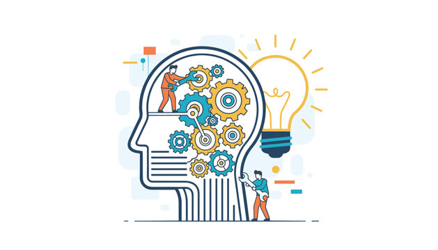 Technicians working on gears inside a human brain silhouette with a glowing lightbulb for creative thinking.