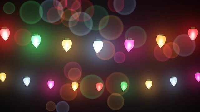 Close up of vintage C7 Christmas bulbs on a green wire glowing red, green, gold and blue with large soft bokeh behind