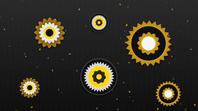 Stylized floral pattern with golden and white elements on a dark textured background.