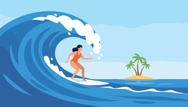 Brave female surfer successfully rides a massive ocean wave near a tropical island, enjoying extreme water sports.
