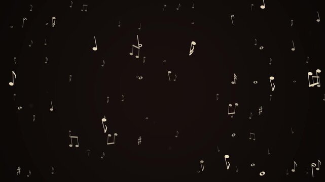 Floating golden musical notes on a dark black background, abstract panoramic music concept