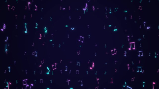 Neon Musical Notes Floating on Dark Background for Music Concept and Creative Design