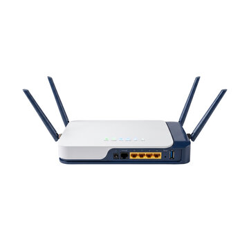 Modern wireless wifi router with four antennas isolated on white background