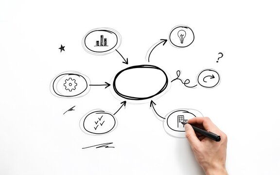 A hand draws a mind map with various business icons on a white paper surface