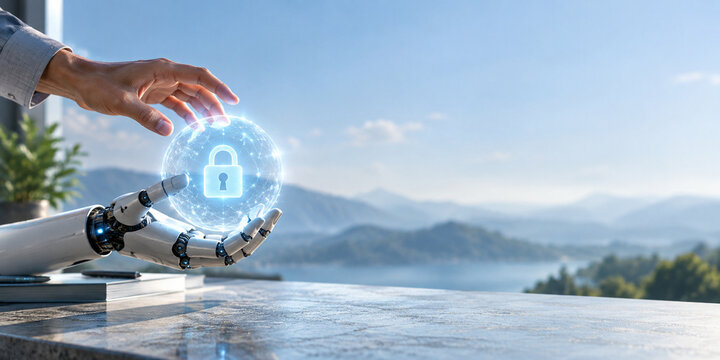 AI generated human robotic hands reaching glowing padlock within digital network sphere for cybersecurity data protection human machine collaboration privacy trust innovation