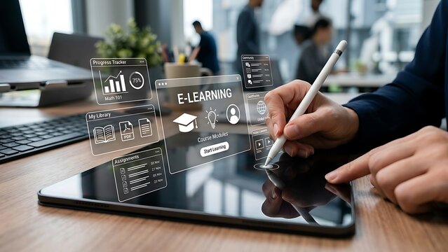Professional student interacting with futuristic digital elearning interface holographic projections on modern touchscreen tablet device