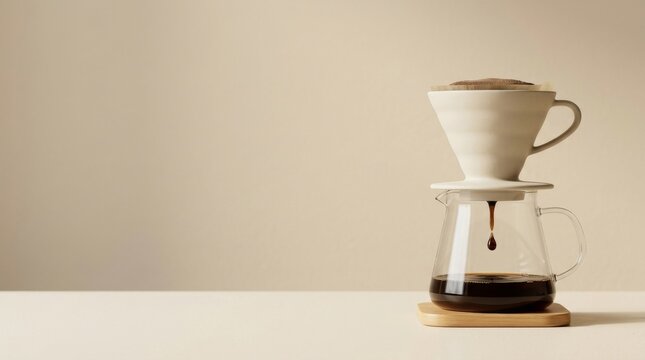 Coffee Ritual Bringing Warmth and Everyday Comfort, Minimalist pour-over coffee setup with a glass carafe and white ceramic dripper on a light surface.