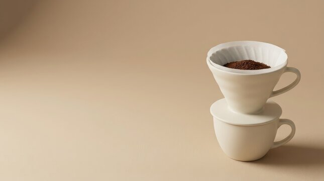 Coffee Ritual Bringing Warmth and Everyday Comfort, Minimalist coffee brewing setup with a ceramic dripper and cup filled with ground coffee on a beige background.
