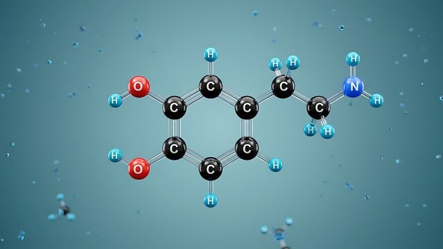 Detailed dopamine chemical structure molecular model with glowing atoms floating inside liquid medium background