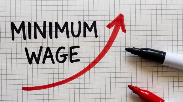 Minimum wage growth and labor economics concept with rising arrow on grid paper