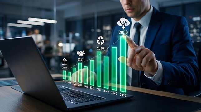 Corporate executive interacting with futuristic glowing green sustainability and carbon emissions data projections on laptop