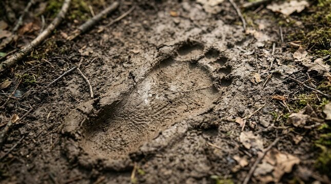 Close up of a large clear human footprint pressed into wet muddy forest ground with fallen leaves and twigs