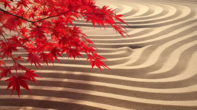 Serene Japanese Zen Garden With Patterned Raked Sand And Vibrant Red Maple Leaves Hanging Above 4K Generative AI