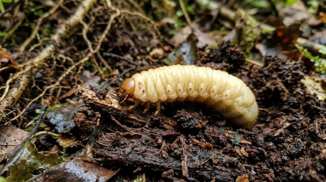Close up of a large white grub larva crawling on dark soil and organic matter natural environment macro shot