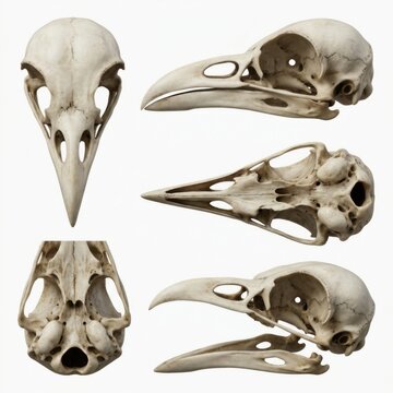Collection of Bird Skull Views Front Side Top Bottom and Profile Angles Isolated on White