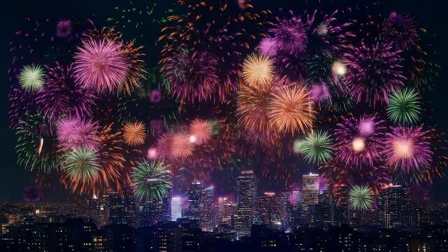 Dazzling multi-colored fireworks exploding over a glowing modern urban skyline at night 4K Generative AI
