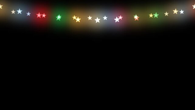 Twinkling star shaped string lights in gold, red, green and blue hanging in swags across the top on black background