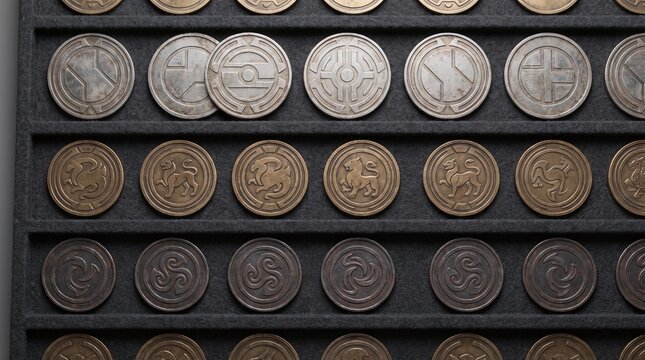 Collection of antique coins in a display case